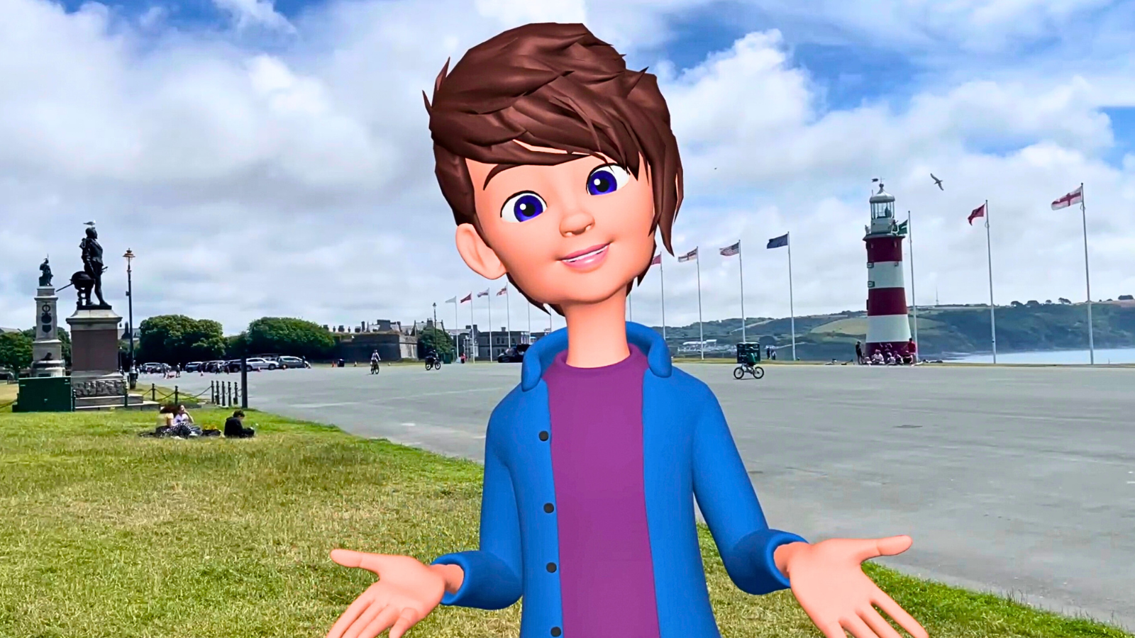 An animated representation of Phoebe standing on Plymouth Hoe